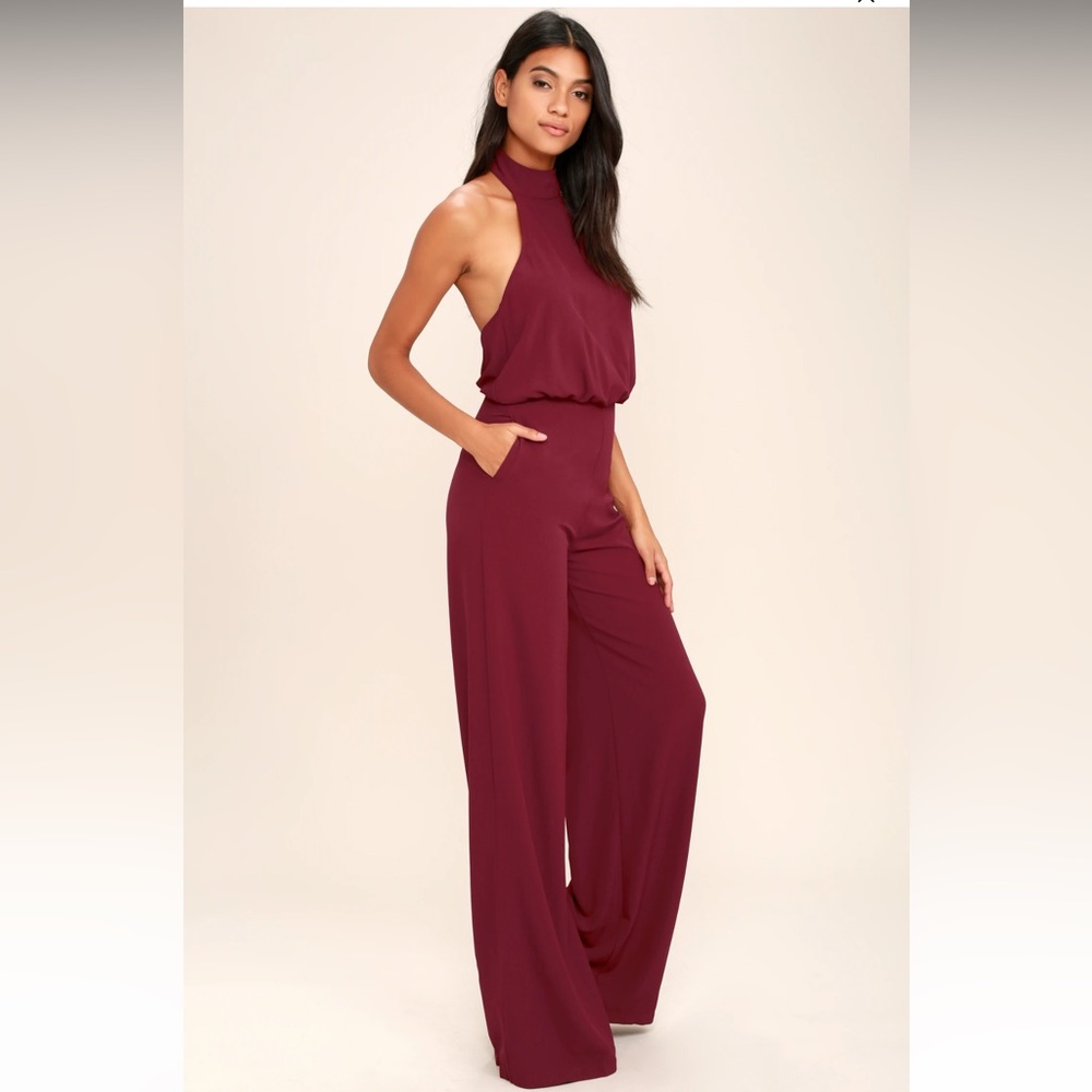 Lulus - Moment for Life Red Wine Halter Jumpsuit